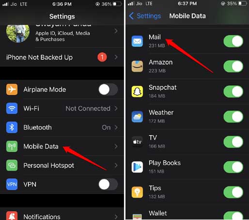 enable mobile data for mail app iPhone
