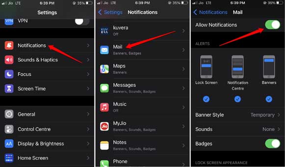 enable notifications for iPhone mail app