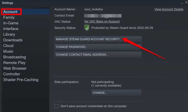 administrar la autenticación de dos factores de seguridad de la cuenta de Steam Guard