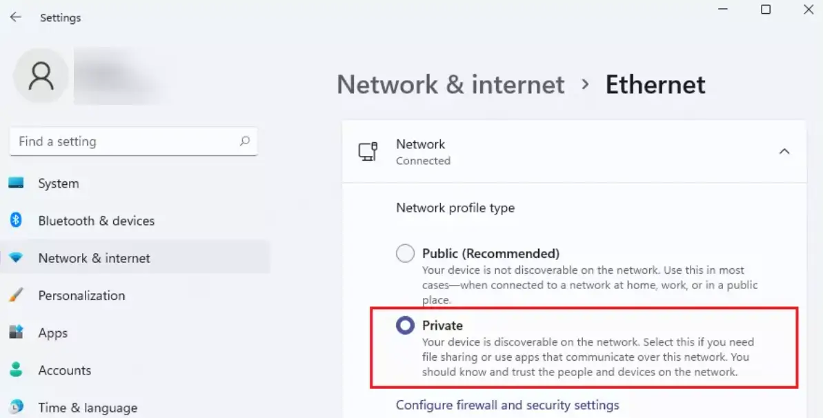 Network Profile Type to Private