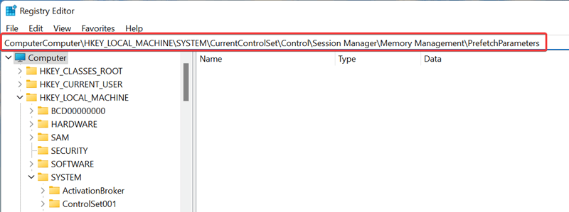 Computer\HKEY_LOCAL_MACHINE\SYSTEM\CurrentControlSet\Control\Session Manager\Memory Management\PrefetchParameters