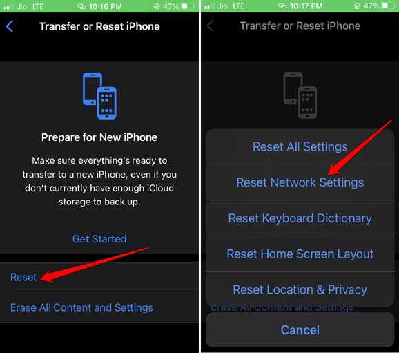 reset network settings iOS fix LTE 4G not working