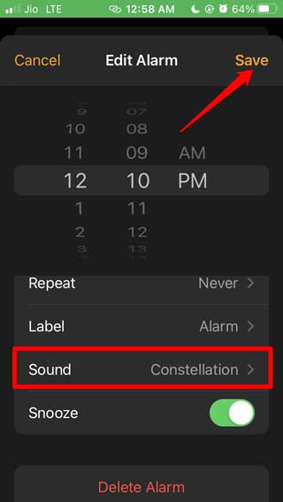 save the new alarm sound on iPhone
