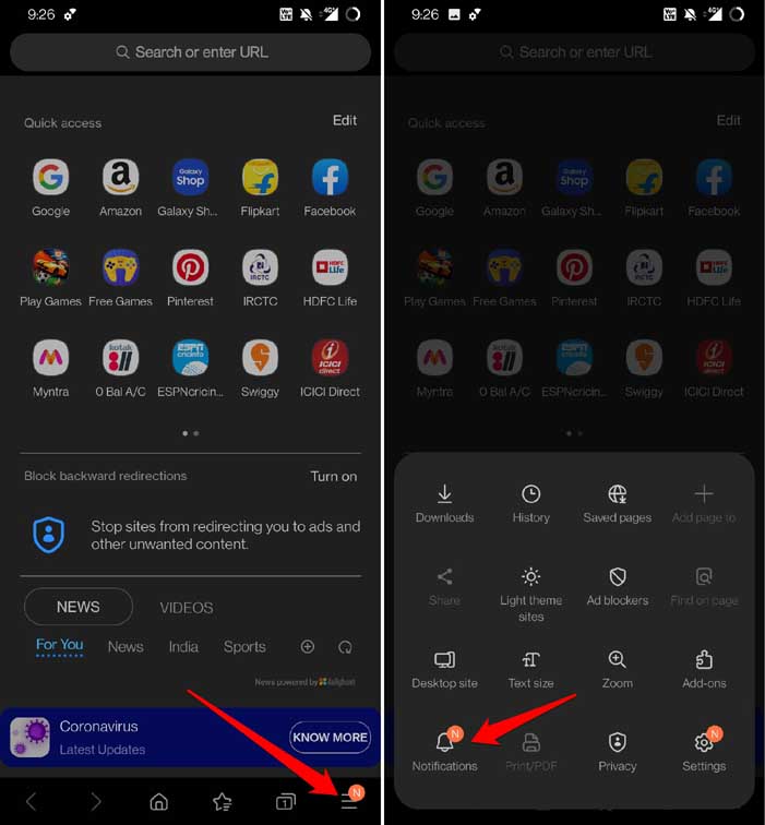 stop notifications from Samsung internet browser