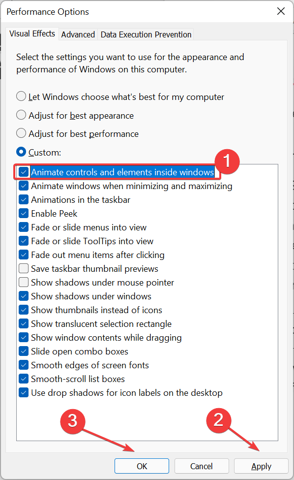 untick Animate controls and elements inside windows