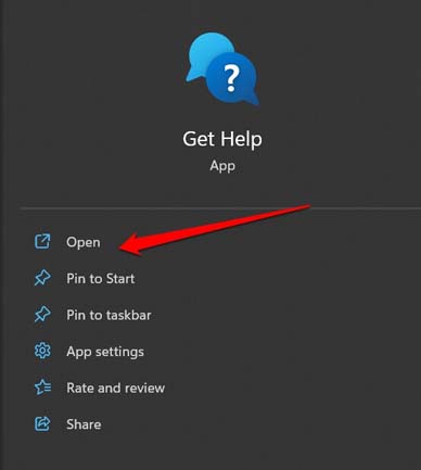 Abra la aplicación Obtener ayuda de Windows
