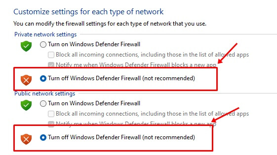 Turn off the firewall for both private as well as public