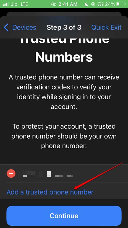 add a trusted phone number for iPhone iOS 16 safety check