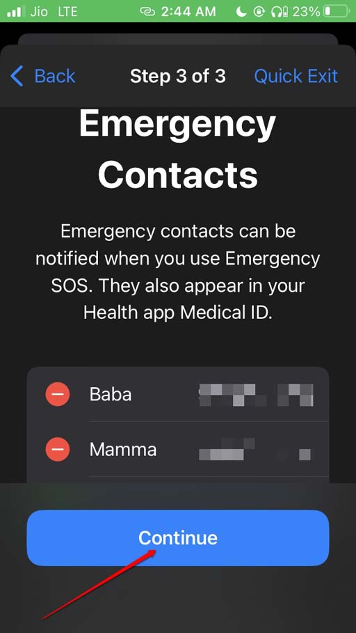 continue after editing emergency contacts