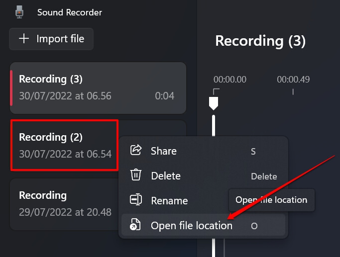 open file location of recorded sound in Windows 11