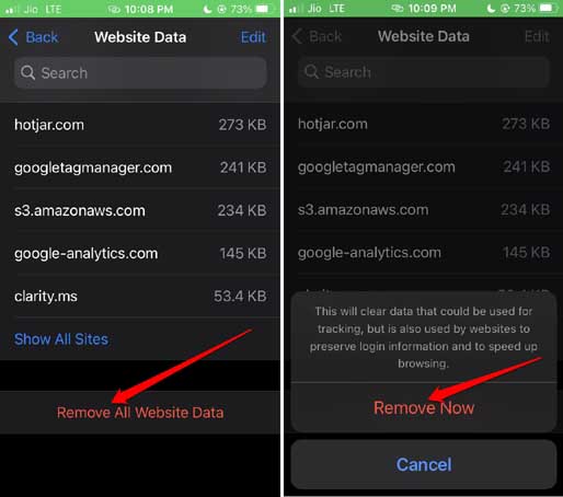 remove all website data from Safari clear cookies iPhone