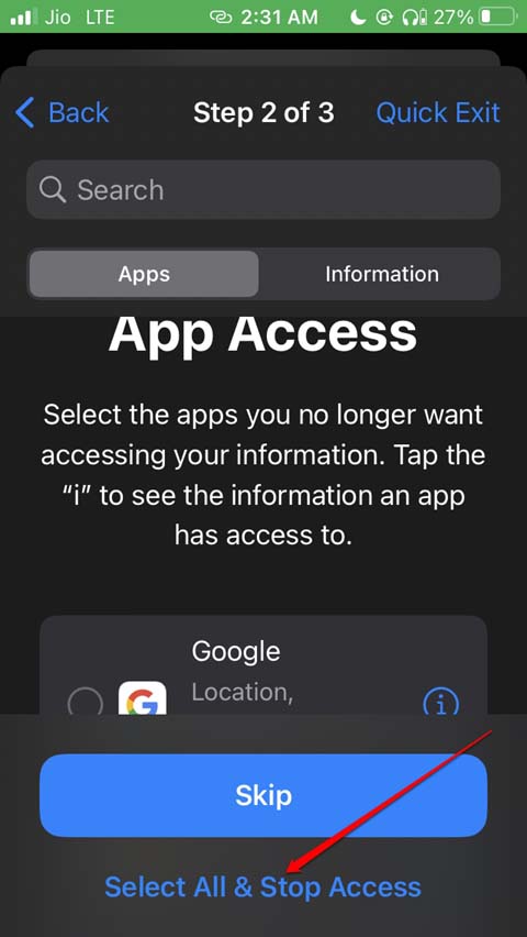 seleccione aplicaciones para detener el acceso