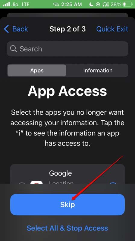 skip the selection of apps for safety check iPhone