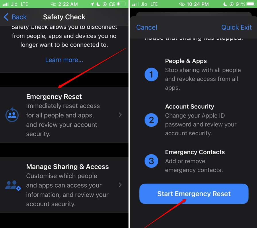 start emergency reset iOS 16