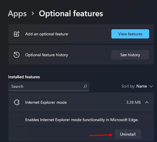 uninstall optional features