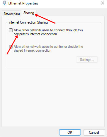 Allow other network users to connect through the computer’s internet connection