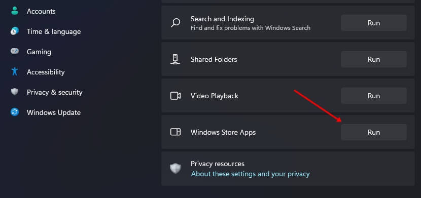 Run button next to the Windows Store Apps