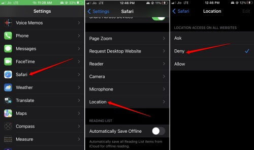 deny location access in Safari iPhone