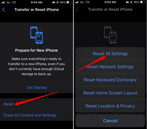 reset all settings iPhone