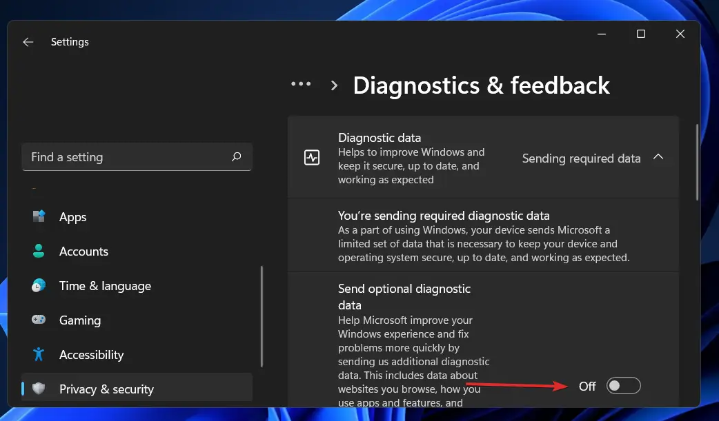 Send optional diagnostic data is switched off