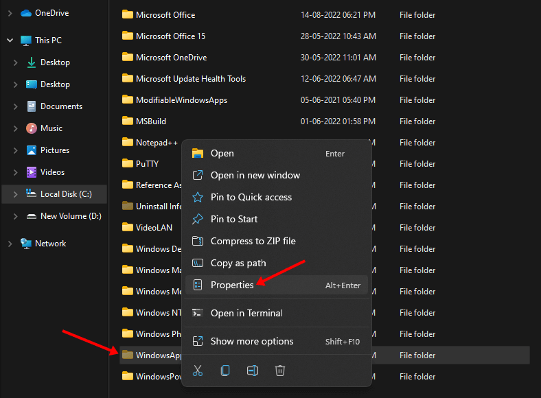 WindowsApps folder and then click on Properties