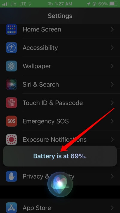 ask battery percentage of iPhone to Siri