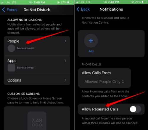 disable repeated calls Focus mode iOS 16