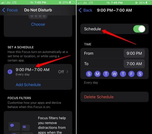 set the correct schedule in Focus Mode iOS 16
