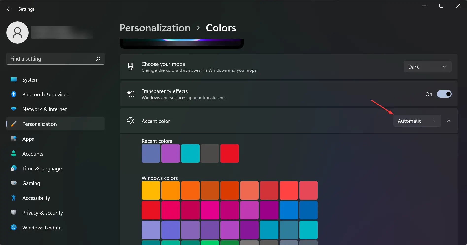 Accent color option and set it to Automatic