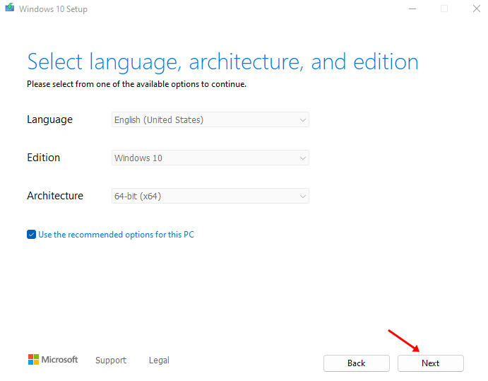 Again, you have to submit language, edition, and architecture according to your system. And click on Next