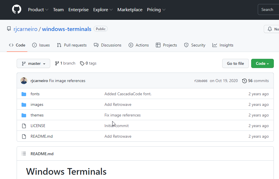 Terminal theme page on GitHub