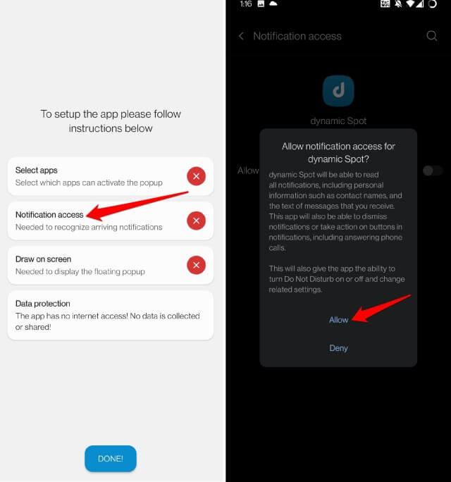 allow notification access for Dynamic Spot
