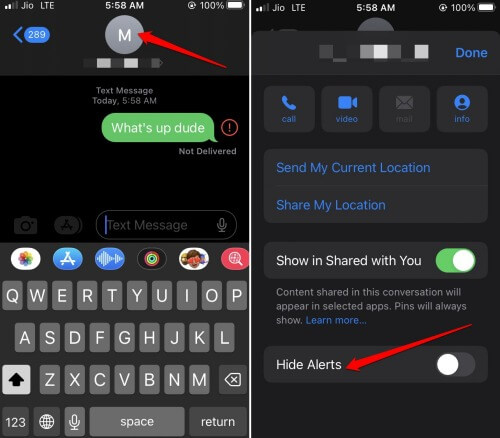 disable hide alerts for iOS messages app