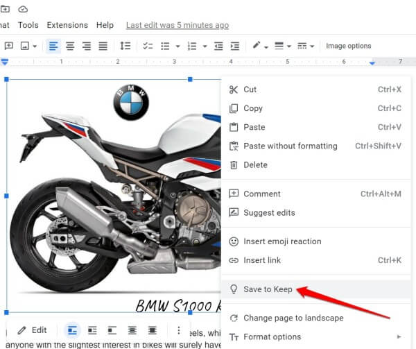download image from google Docs save to keep