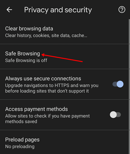 option for Safe Browsing