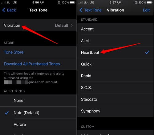 set a vibration tone for iOS text message notification