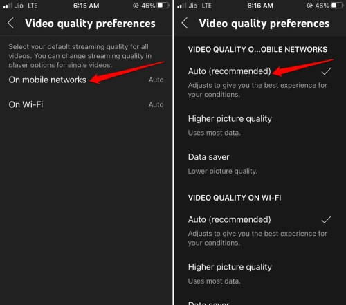set video quality preference on Mobile Data