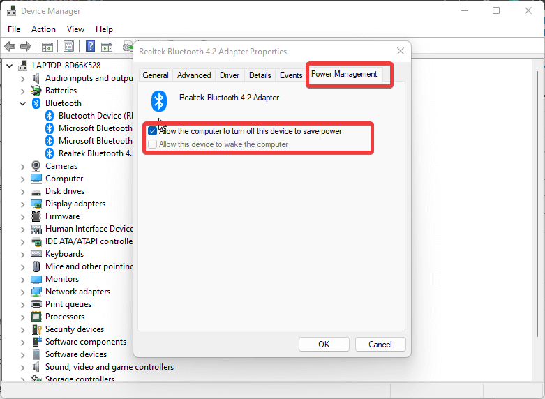uncheck the Allow the computer to turn off this device to save power option