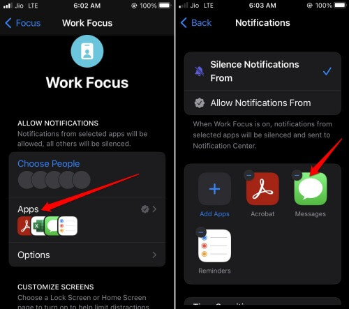 whitelist messages app in iPhone from focus mode