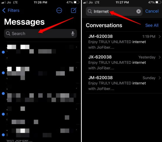 search for messages within Messages app