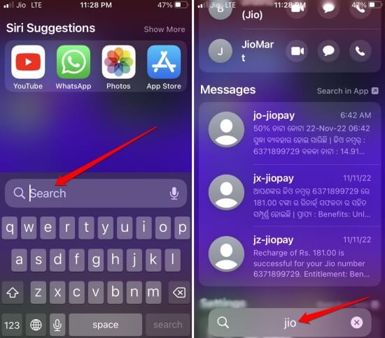 search messages using iOS spotlight