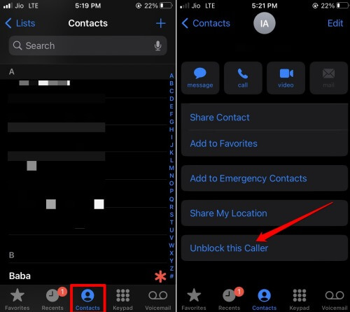 unblock a caller from Contacts app