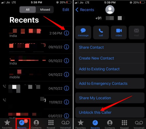unblock caller on iPhone from Recents list