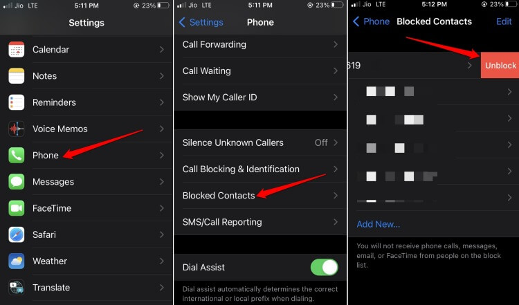 unblock numbers on iPhone from Settings