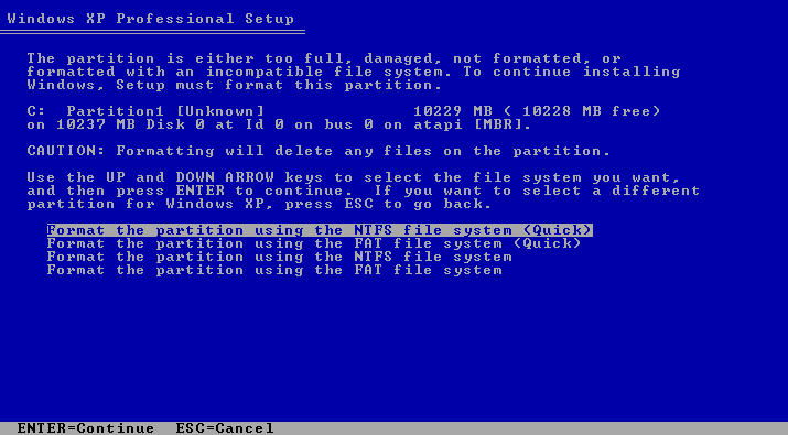 Format the partition using the NTFS file system (Quick)