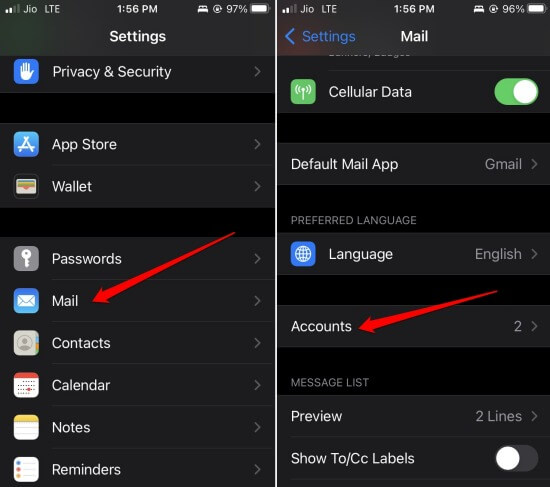 access Mail app in iOS Settings