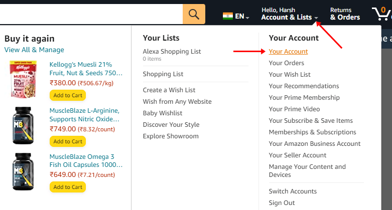 Now click on Accounts & Lists and Select Your Account from the Drop down menu