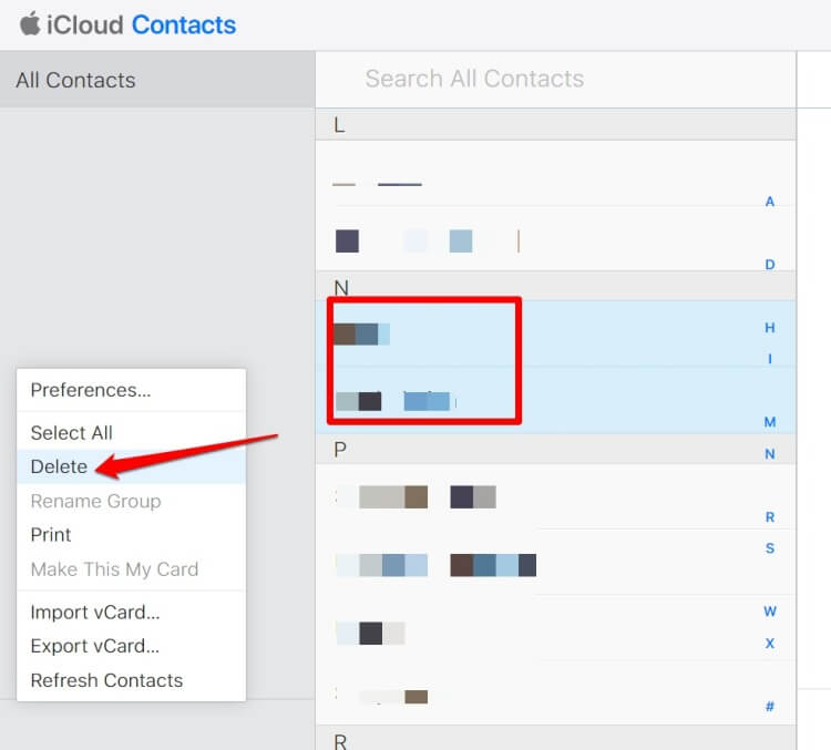 delete duplicate contacts on iCloud