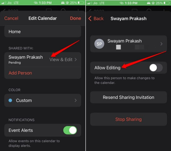 disable edit access to iPhone calendars