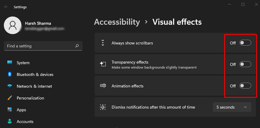 Always show scrollbars, Transparency effects and Animation effects